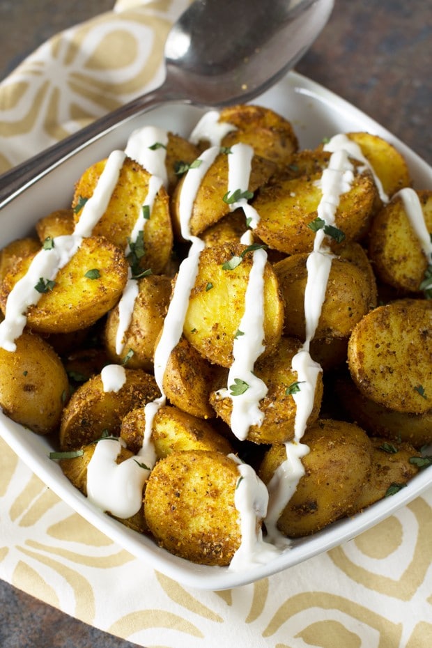 Roasted Curry Potatoes with Greek Yogurt Sauce | cakenknife.com