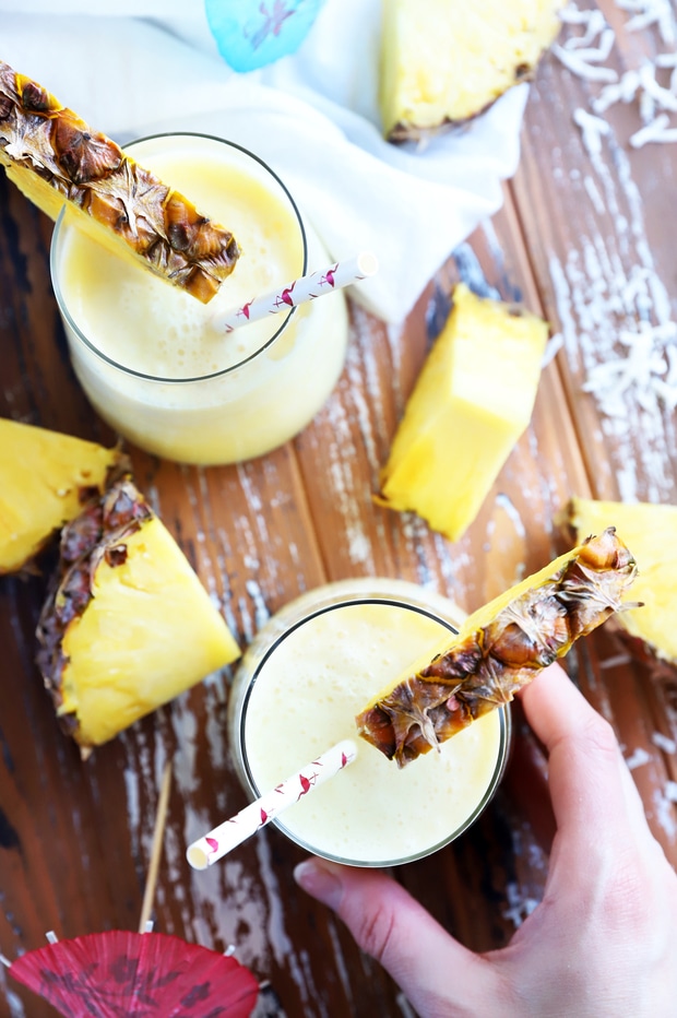 Pineapple cocktail in glasses overhead picture