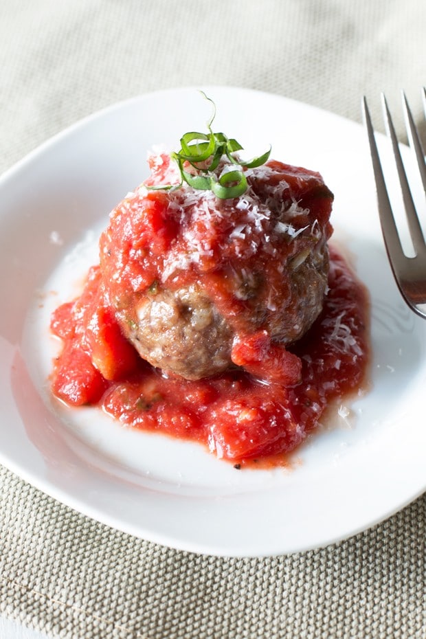 Three Cheese Stuffed Meatballs with Tomato Basil Sauce | cakenknife.com