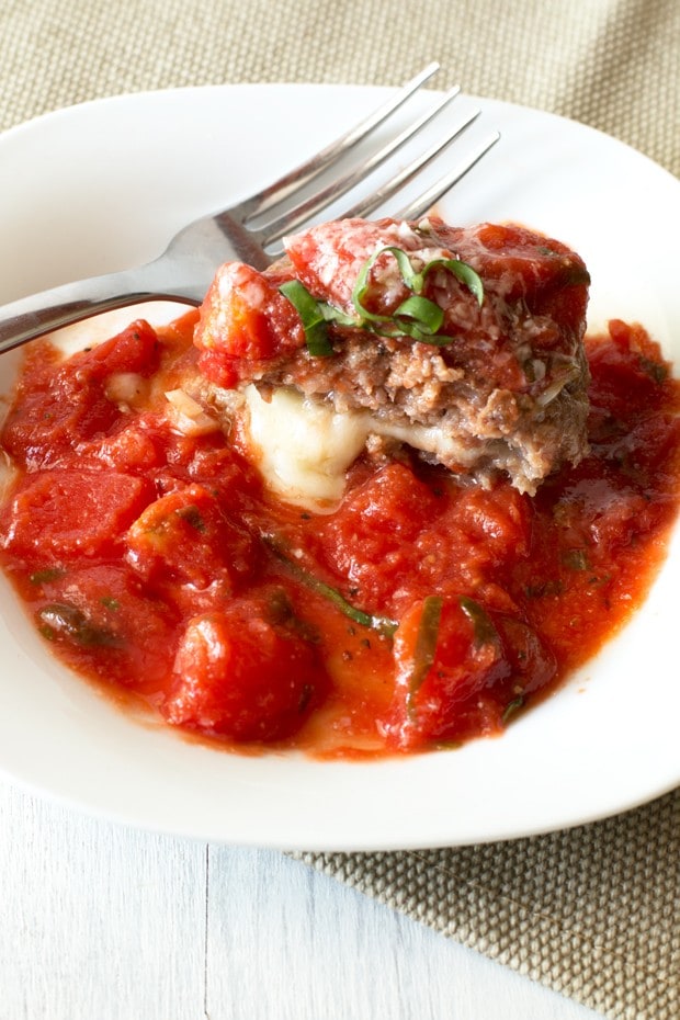 Three Cheese Stuffed Meatballs with Tomato Basil Sauce | cakenknife.com