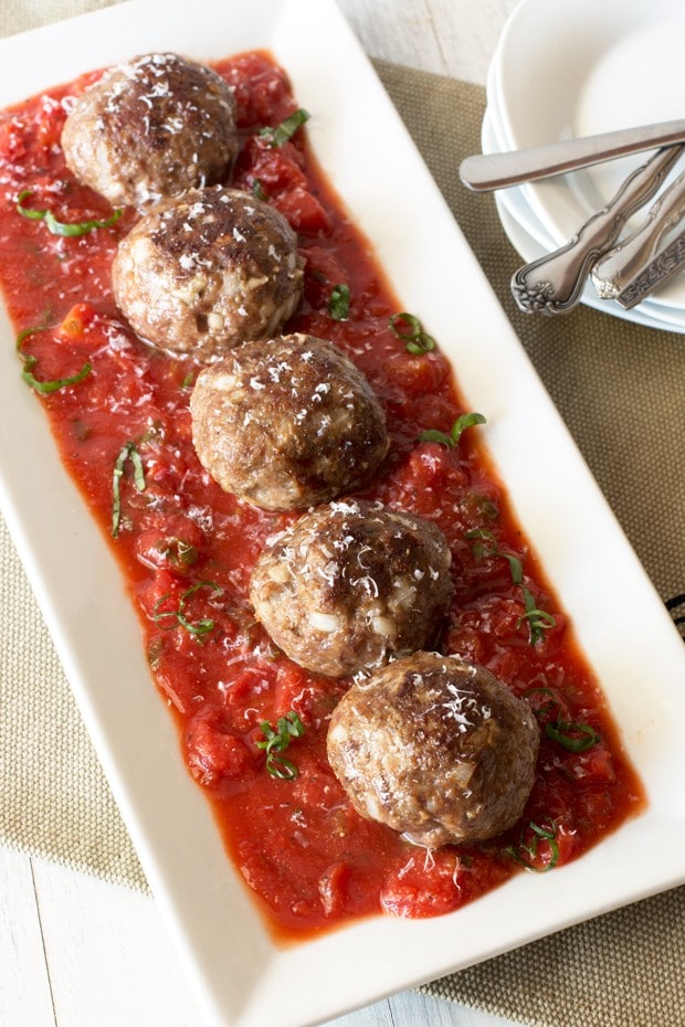 Three Cheese Stuffed Meatballs with Tomato Basil Sauce | cakenknife.com
