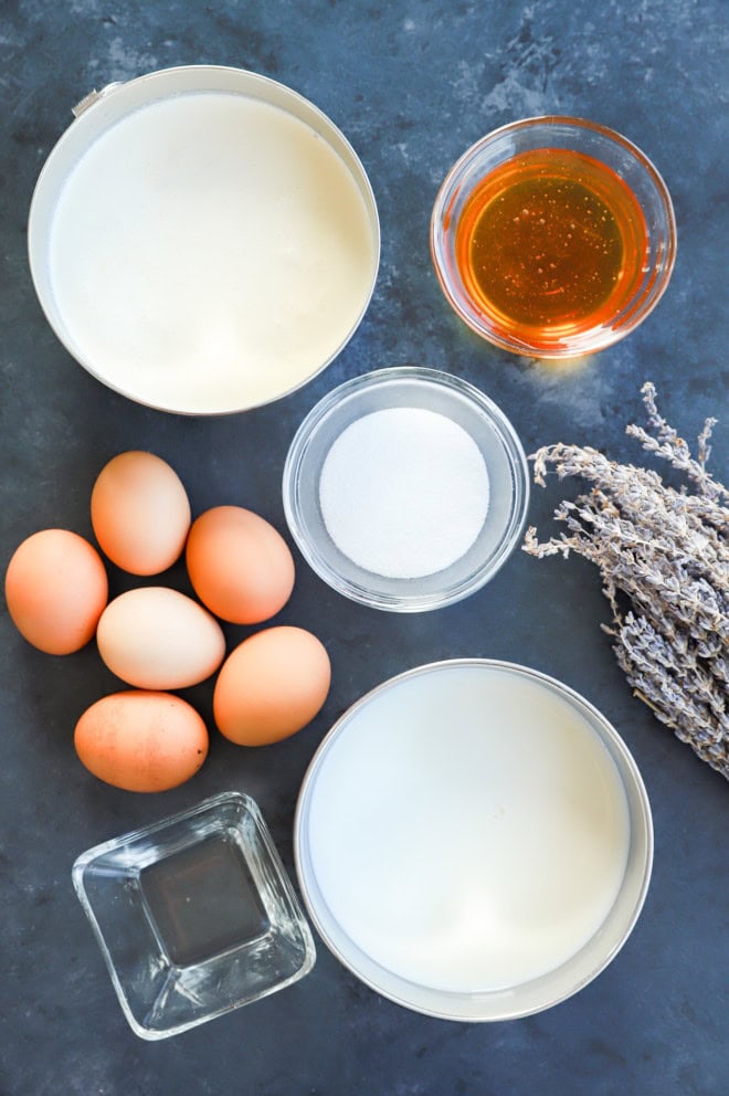 lavender honey ice cream ingredients in bowls