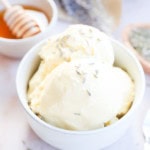 lavender honey ice cream in a bowl