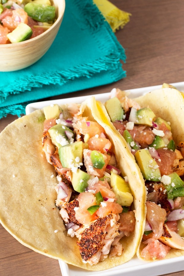 Salmon Tacos with Grapefruit Avocado Salsa | cakenknife.com