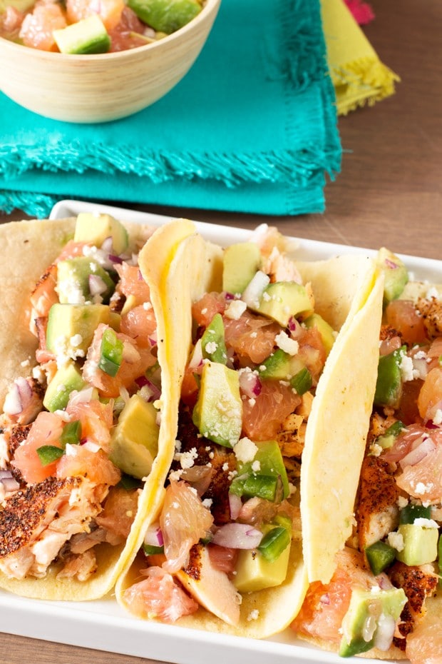 Salmon Tacos with Grapefruit Avocado Salsa | cakenknife.com