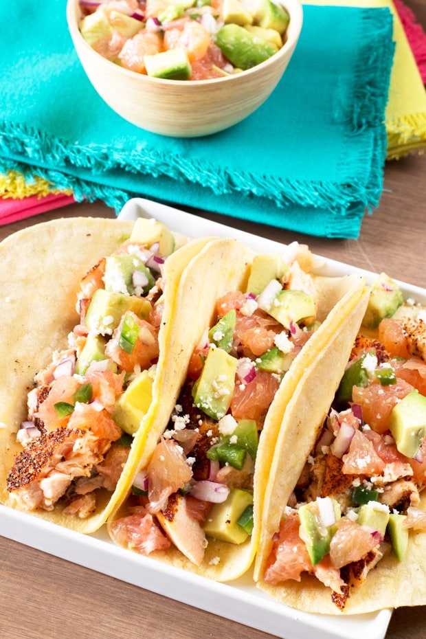 Salmon Tacos with Grapefruit Avocado Salsa | cakenknife.com