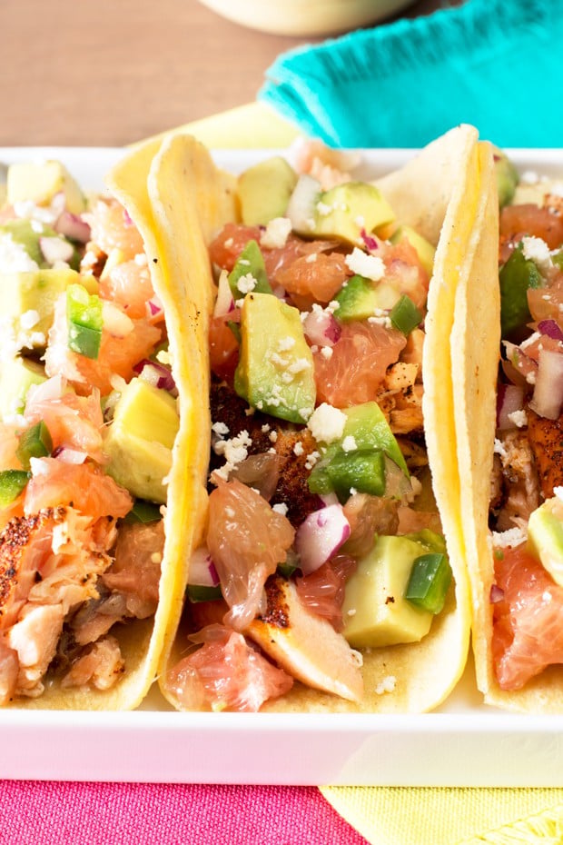 Salmon Tacos with Grapefruit Avocado Salsa | cakenknife.com
