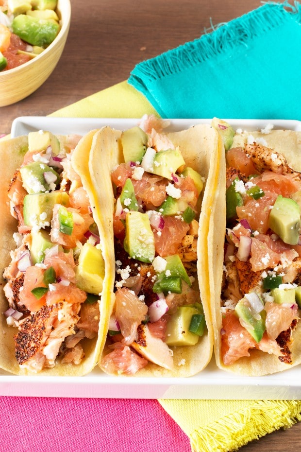 Salmon Tacos with Grapefruit Avocado Salsa | cakenknife.com