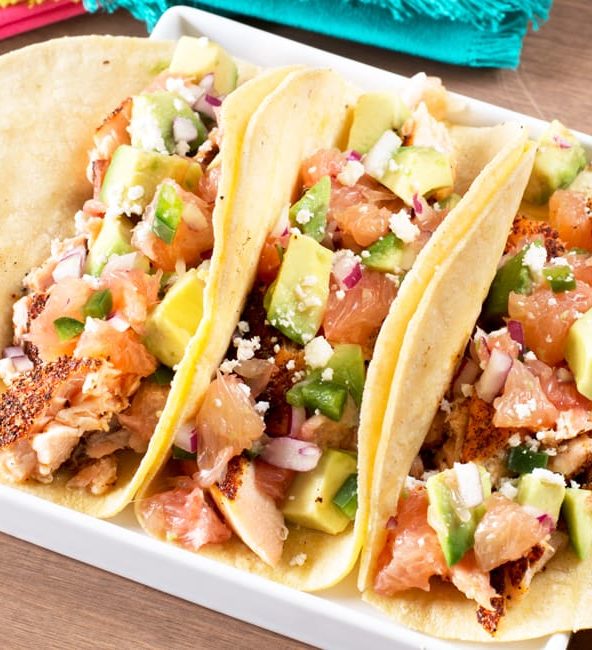 Salmon Tacos with Grapefruit Avocado Salsa | cakenknife.com