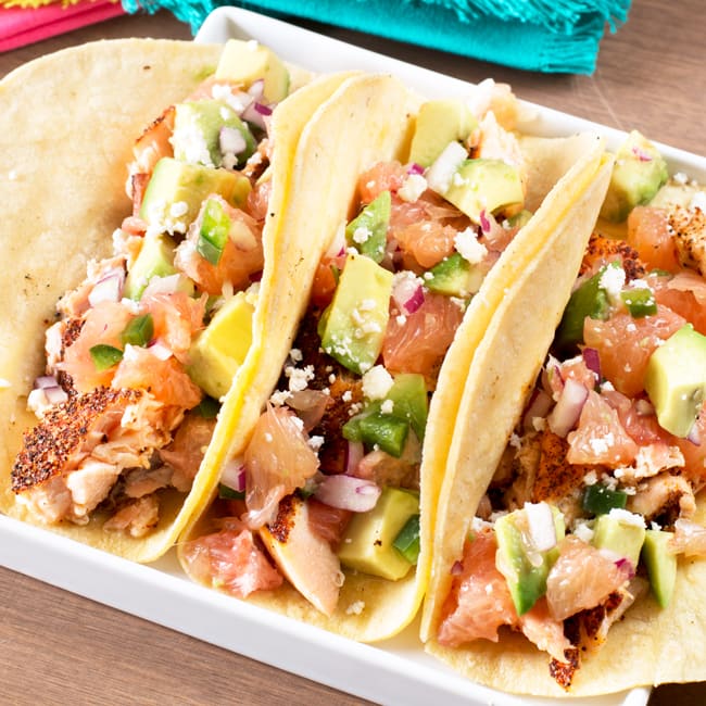 Salmon Tacos with Grapefruit Avocado Salsa | cakenknife.com