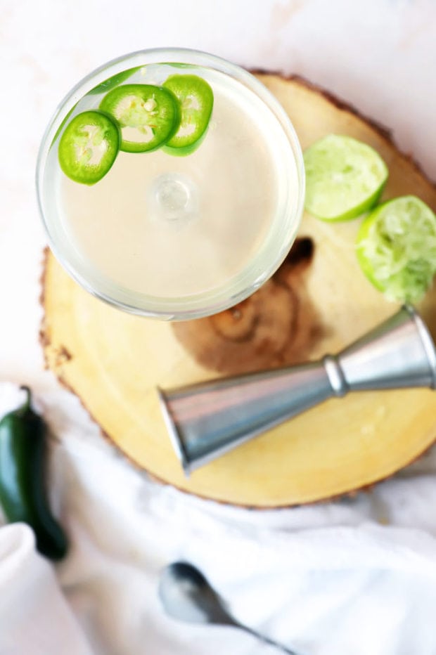 Overhead gimlet photo with jalapeños