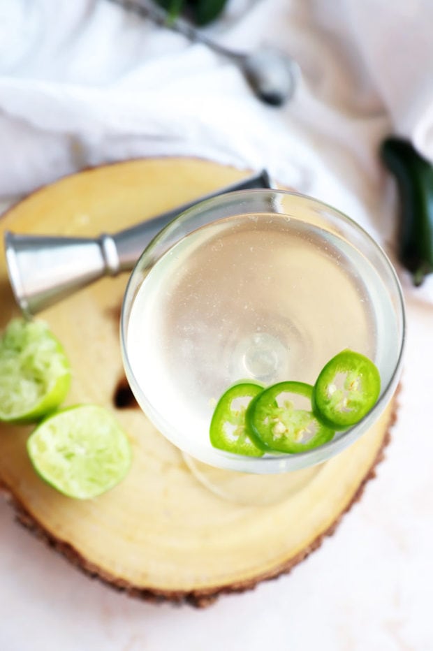 Overhead photo of spicy jalapeno gimlet