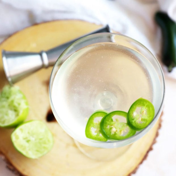 Overhead photo of spicy jalapeno gimlet