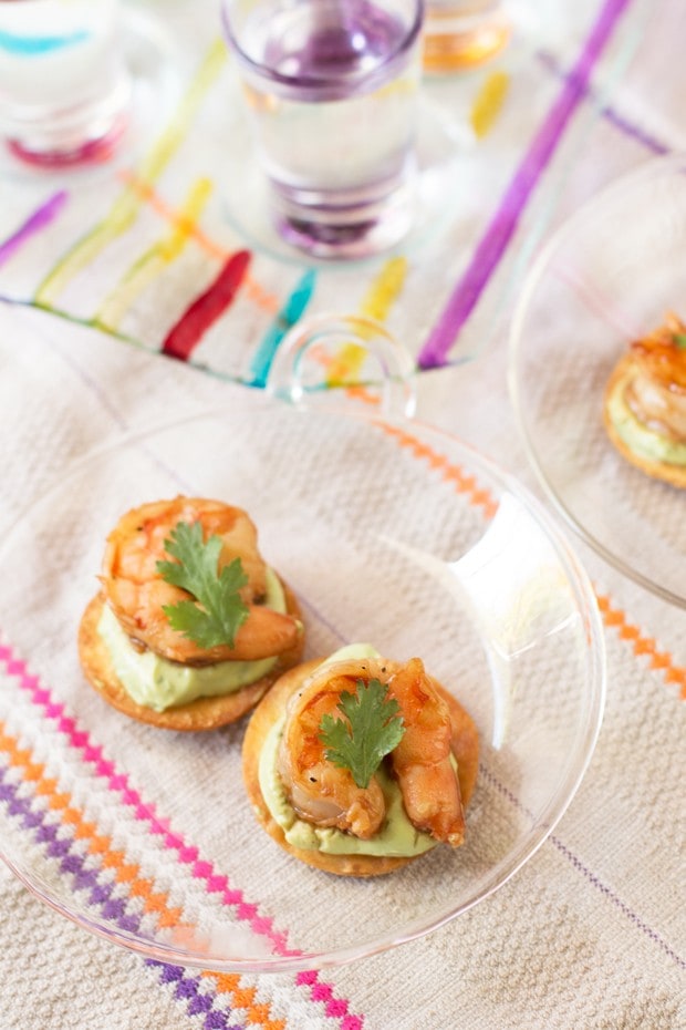 Spicy Shrimp Tostada Bites with Avocado Crema | cakenknife.com