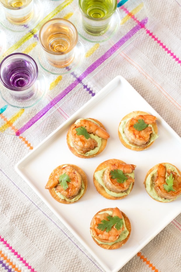 Spicy Shrimp Tostada Bites with Avocado Crema | cakenknife.com