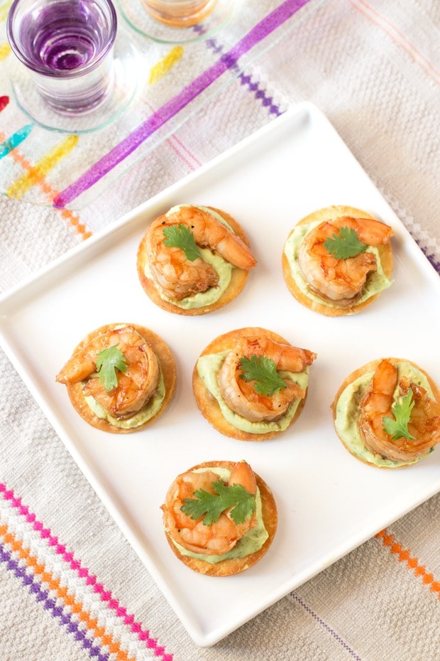 Spicy Shrimp Tostada Bites with Avocado Crema | cakenknife.com