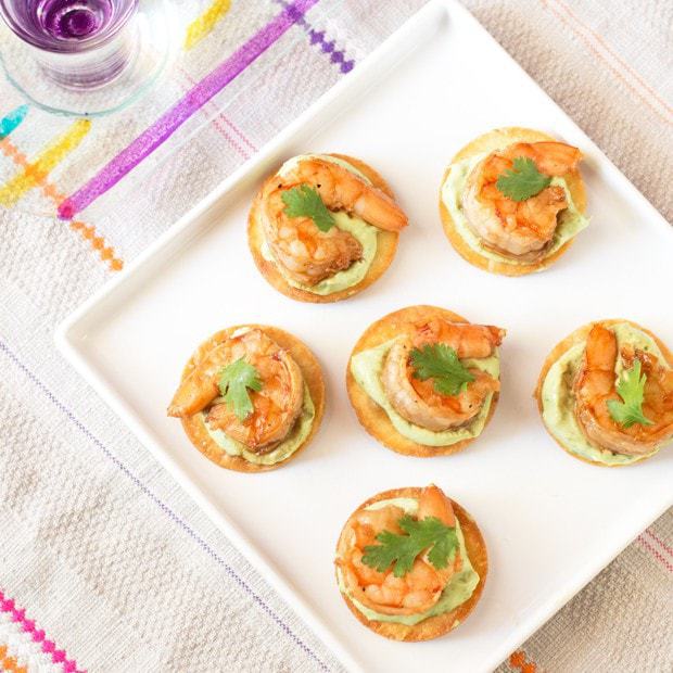 Spicy Shrimp Tostada Bites with Avocado Crema