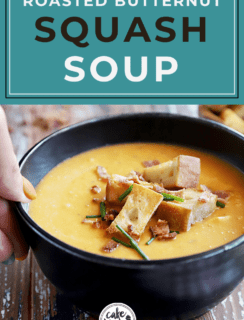 Roasted Butternut Squash Soup with Bacon Croutons Pinterest Graphic