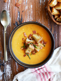 Overhead image of butternut squash soup