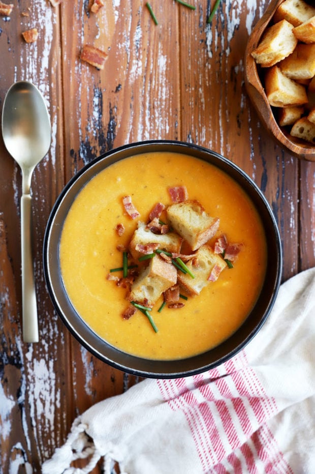 Overhead image of butternut squash soup