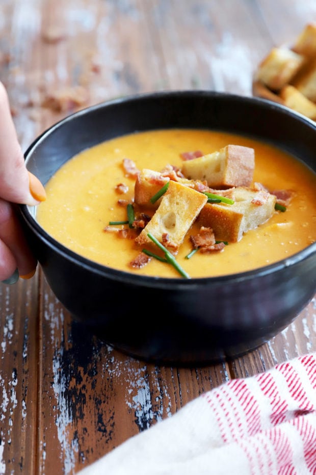 Hand hold bowl of squash soup image