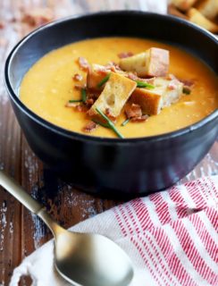 Side photo of soup with bacon fat croutons