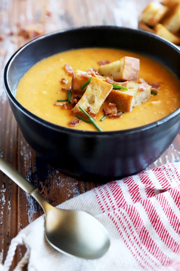 Side photo of soup with bacon fat croutons