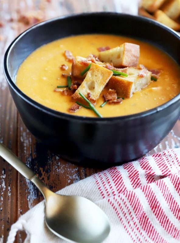 Side photo of soup with bacon fat croutons