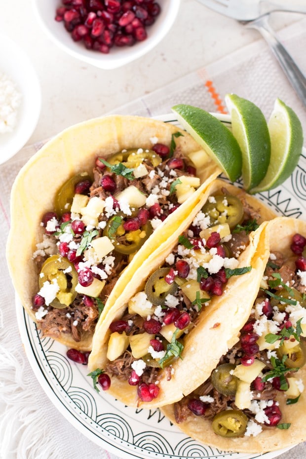 Pomegranate Pulled Pork Tacos | cakenknife.com