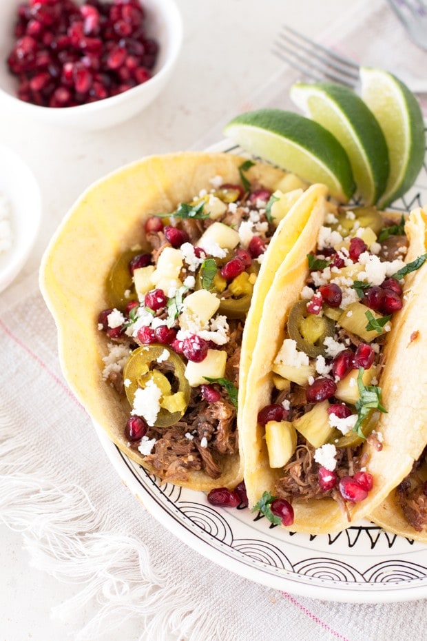 Pomegranate Pulled Pork Tacos | cakenknife.com