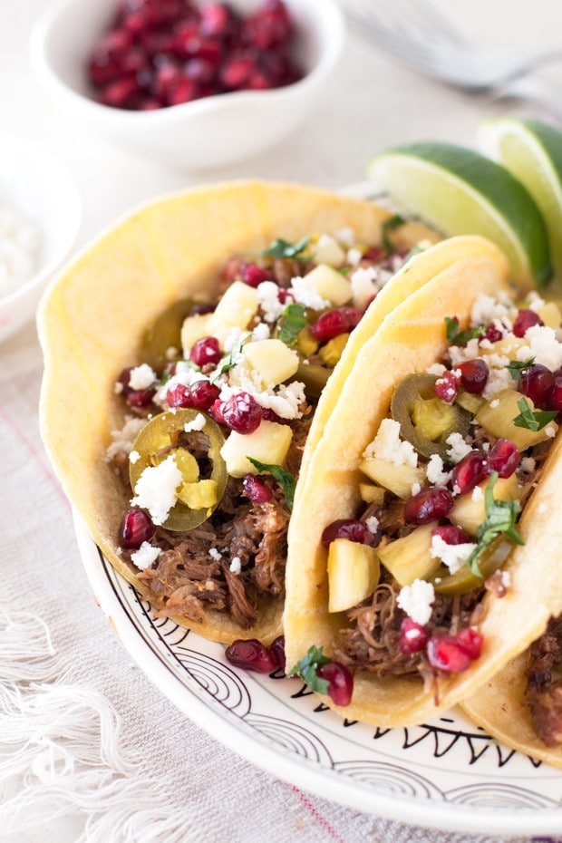 Pomegranate Pulled Pork Tacos | cakenknife.com