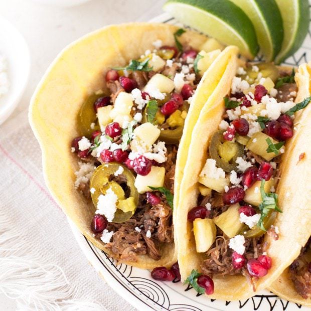 Pomegranate Pulled Pork Tacos | cakenknife.com