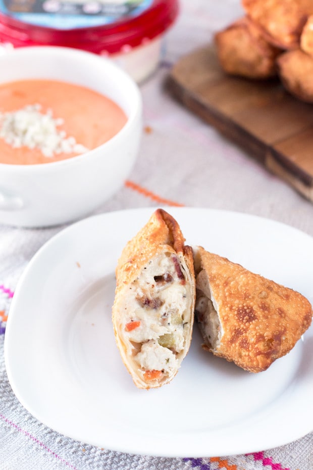 Cheesy Bacon Ranch Chicken Egg Rolls with Creamy Buffalo Dipping Sauce | cakenknife.com