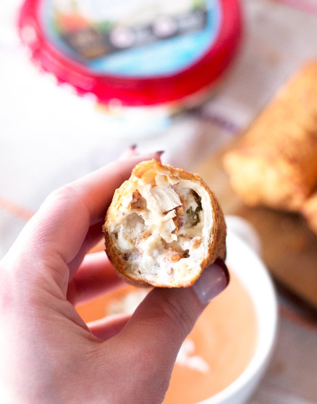 Cheesy Bacon Ranch Chicken Egg Rolls with Creamy Buffalo Dipping Sauce | cakenknife.com