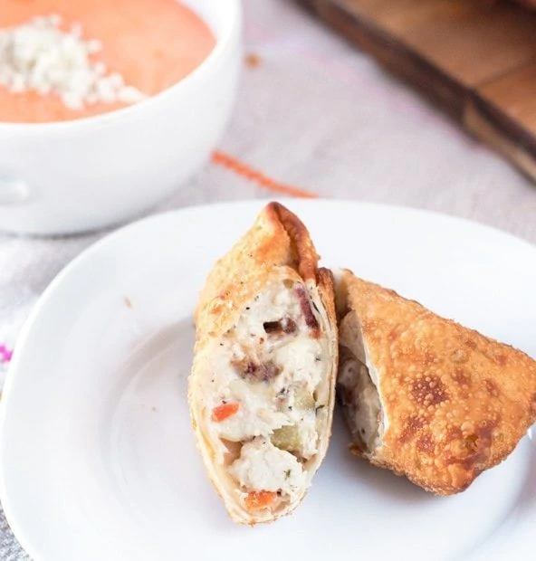 Cheesy Bacon Ranch Chicken Egg Rolls with Creamy Buffalo Dipping Sauce | cakenknife.com