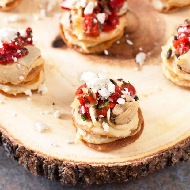 Greek Hummus Mini Tostada Stacks | cakenknife.com