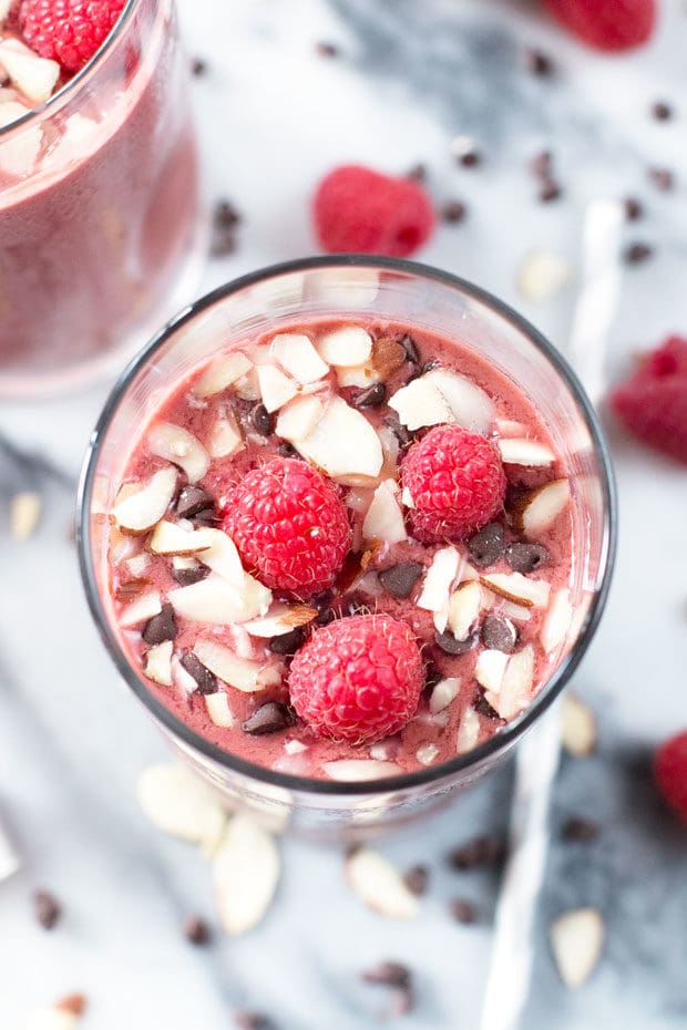 Boozy Chocolate-Covered Raspberry Smoothies | cakenknife.com