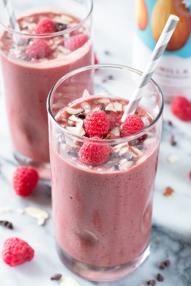 Boozy Chocolate-Covered Raspberry Smoothies | cakenknife.com