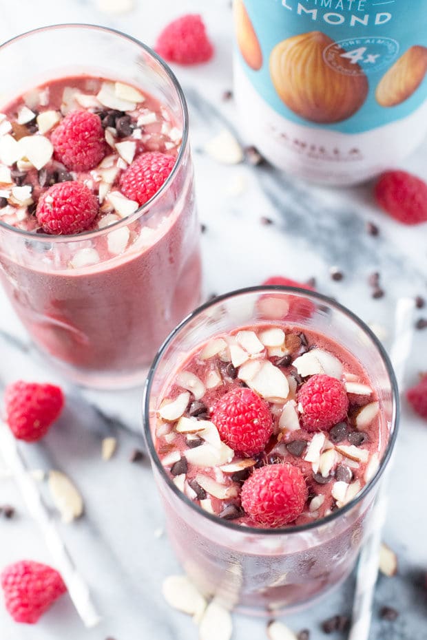 Boozy Chocolate-Covered Raspberry Smoothies | cakenknife.com