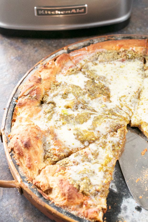 Pistachio Pesto Pizza with Crème Fraîche and Roasted Garlic (PLUS a KitchenAid Food Processor Giveaway!) | cakenknife.com