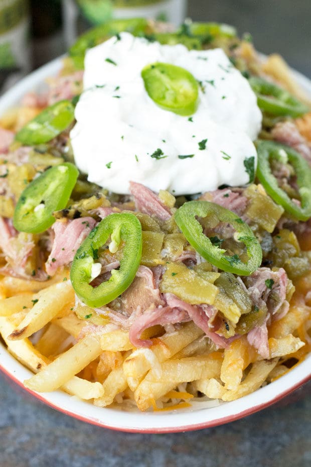 Green Chili Pulled Pork Cheese Fries | cakenknife.com