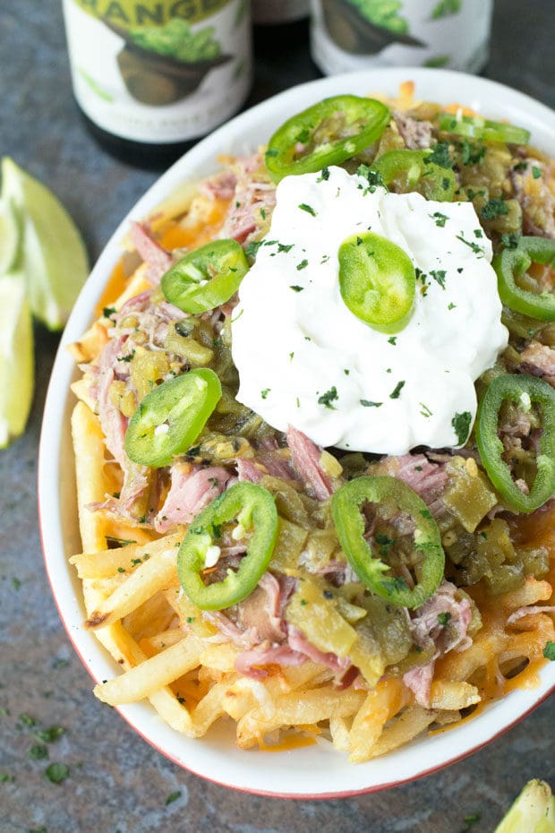 Green Chili Pulled Pork Cheese Fries | cakenknife.com