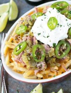 Green Chili Pulled Pork Cheese Fries | cakenknife.com