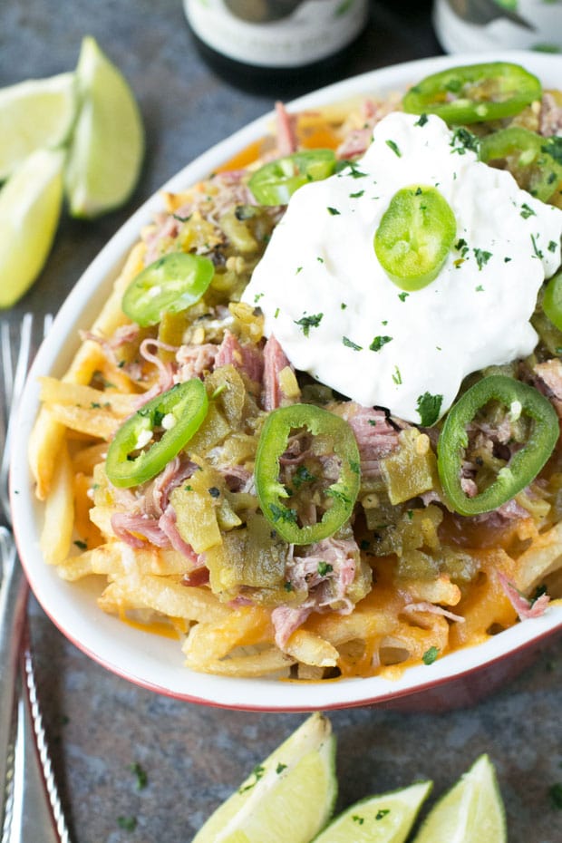 Green Chili Pulled Pork Cheese Fries | cakenknife.com