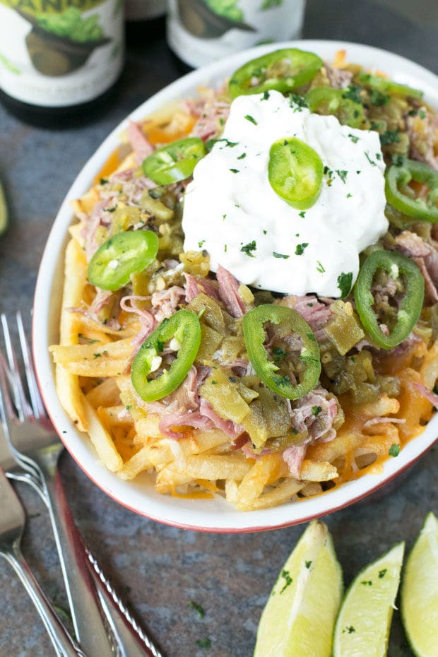 Green Chili Pulled Pork Cheese Fries | cakenknife.com