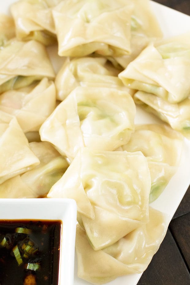 Steamed Shrimp Avocado Wontons with Ginger Dipping Sauce | cakenknife.com