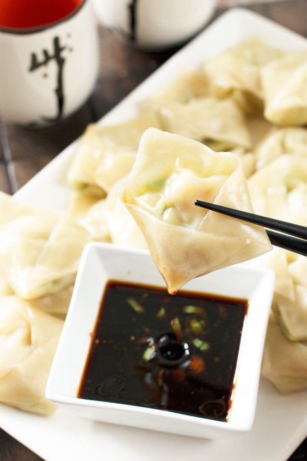 Steamed Shrimp Avocado Wontons with Ginger Dipping Sauce | cakenknife.com