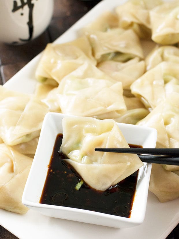 Steamed Shrimp Avocado Wontons with Ginger Dipping Sauce | cakenknife.com