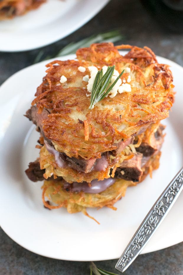 Garlic Rosemary Steak & Potato Stacks with Red Wine Blue Cheese Sauce | cakenknife.com