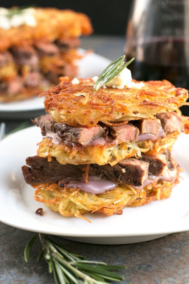 Garlic Rosemary Steak & Potato Stacks with Red Wine Blue Cheese Sauce | cakenknife.com